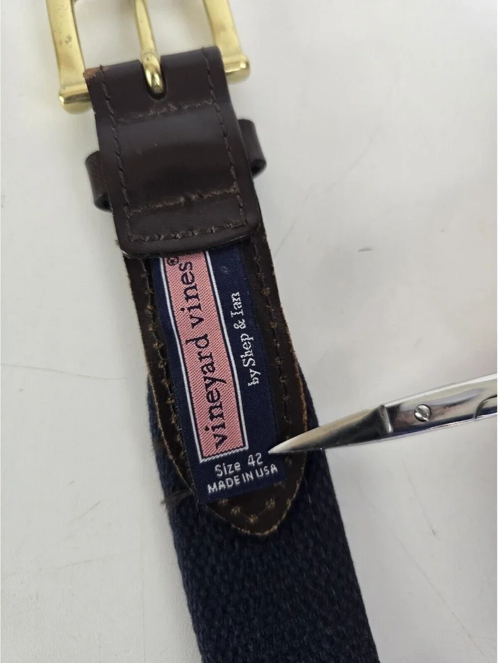 Vineyard Vines Size 42 Belt Made in USA Brown Leather Blue Canvas Palm Tree VGC